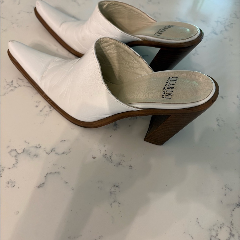 White Leather Pointed Mule Clogs with Wood Block Heel